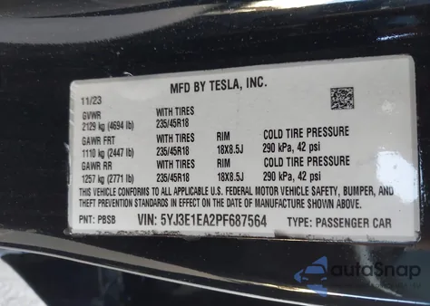 2023 Tesla Model 3 Rear-Wheel Drive from USA, damaged, VIN 5YJ3E1EA2PF687564